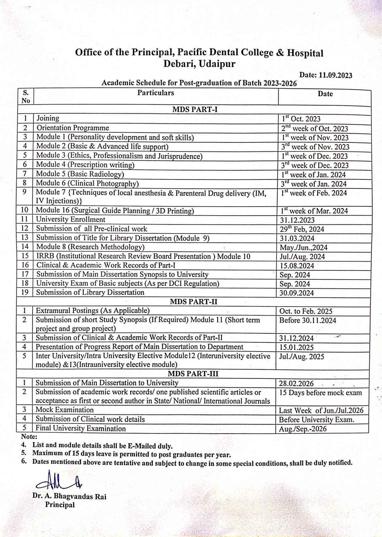 Academic Schdule and Module for MDS 2023-26-1