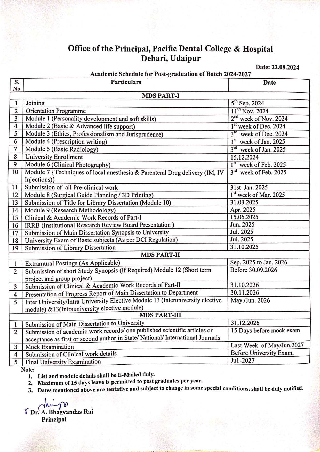 Academic Schdule and Module for MDS 2024-27-1