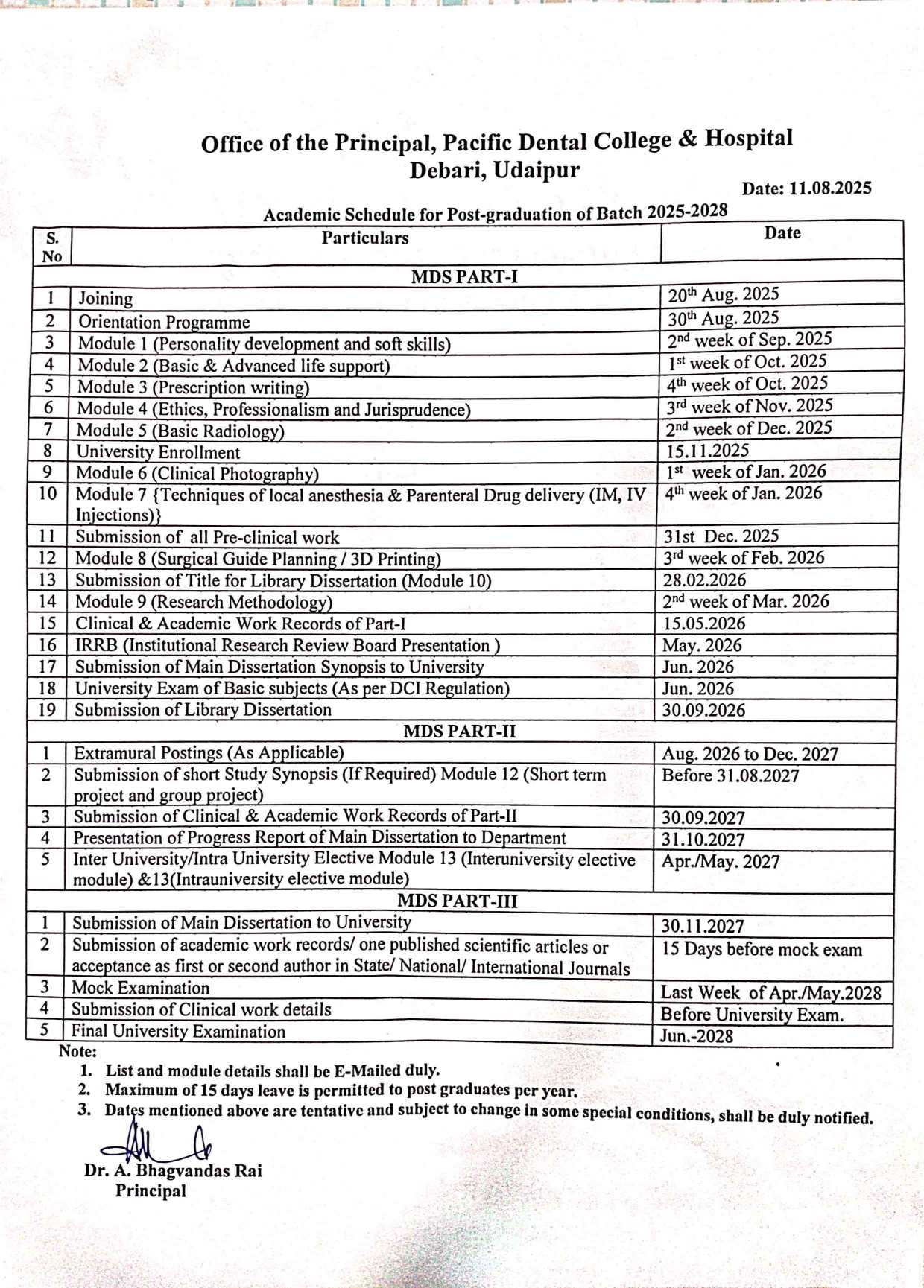 Academic Schdule and Module for MDS 2025-28-1